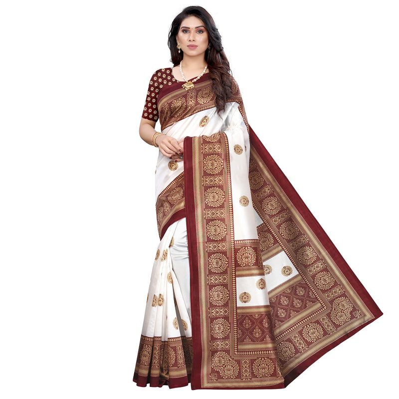 Ethnic Basket Women's Art Silk White Color Floral Printed Saree With Blouse Piece-K213
