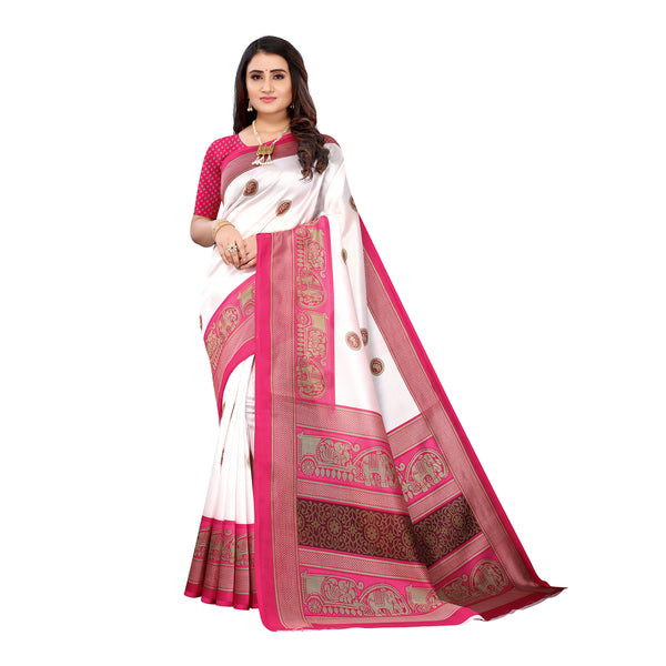 Ethnic Basket Women's Art Silk White Color Traditional Printed Saree With Blouse Piece-K826