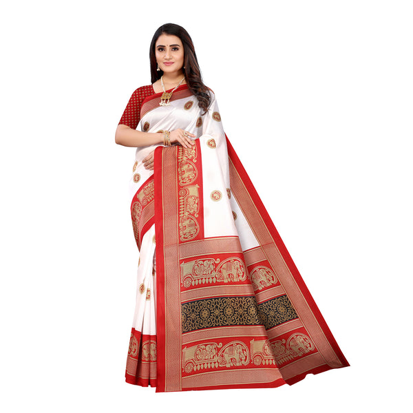 Ethnic Basket Women's Art Silk White Color Traditional Printed Saree With Blouse Piece-K827