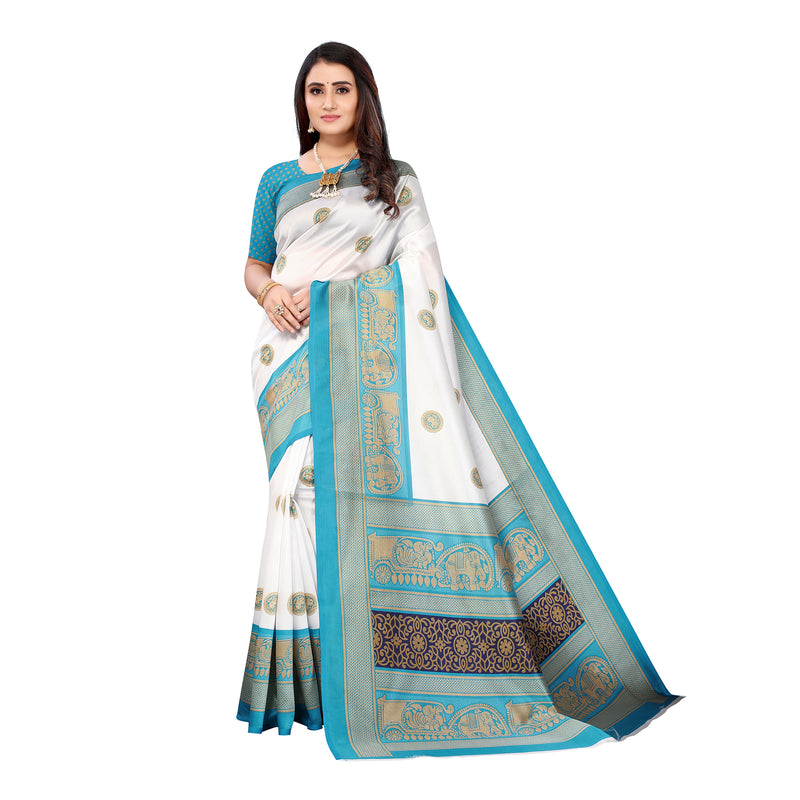 Ethnic Basket Women's Art Silk White Color Traditional Printed Saree With Blouse Piece-K829