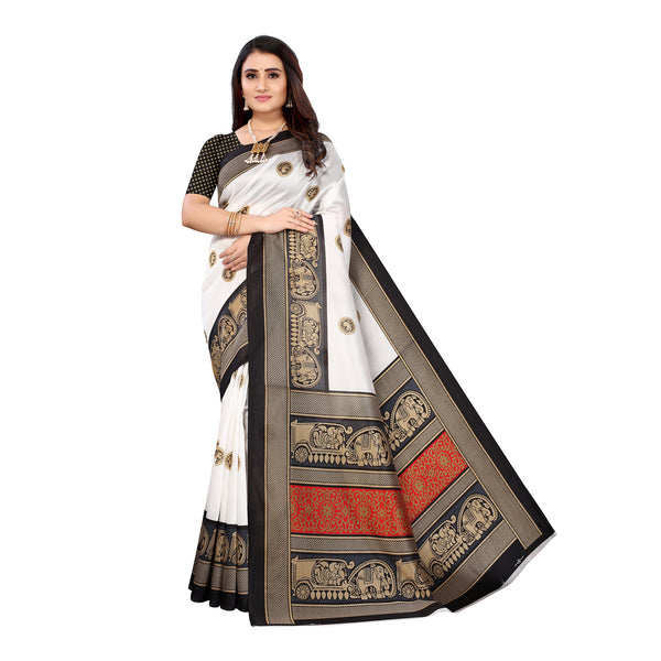 Ethnic Basket Women's Art Silk White Color Traditional Printed Saree With Blouse Piece-K830