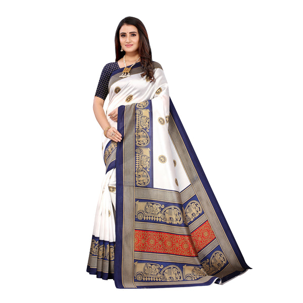 Ethnic Basket Women's Art Silk White Color Traditional Printed Saree With Blouse Piece-K831