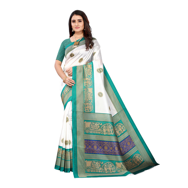 Ethnic Basket Women's Art Silk White Color Traditional Printed Saree With Blouse Piece-K833