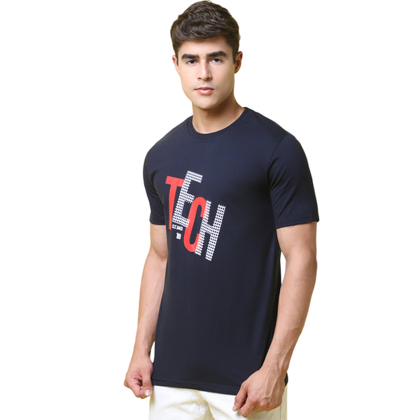 Tee Projekt Short Sleeves Printed Cotton Navy Blue Tshirt For Men
