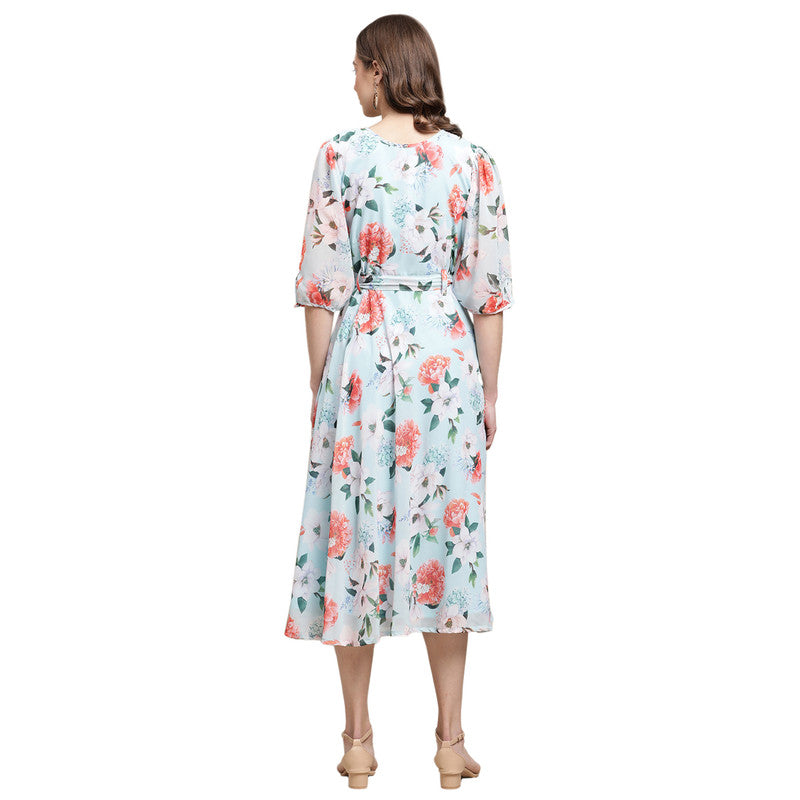 Women's Georgette Aqua Blue Floral Print A-line Dress _01