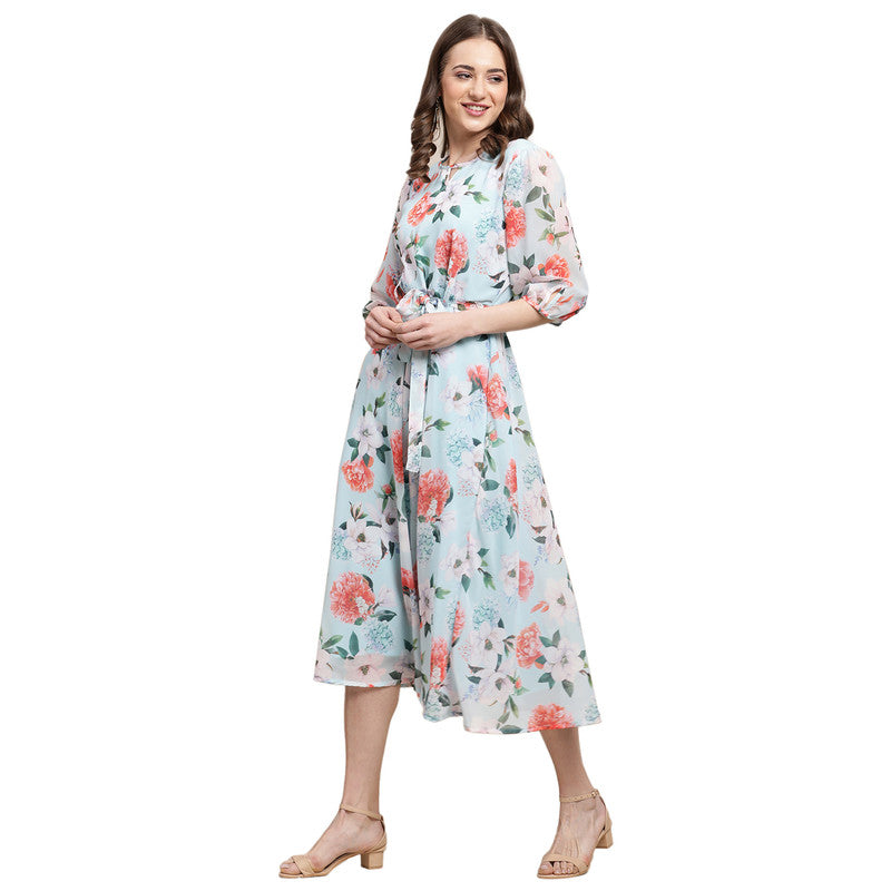 Women's Georgette Aqua Blue Floral Print A-line Dress _01