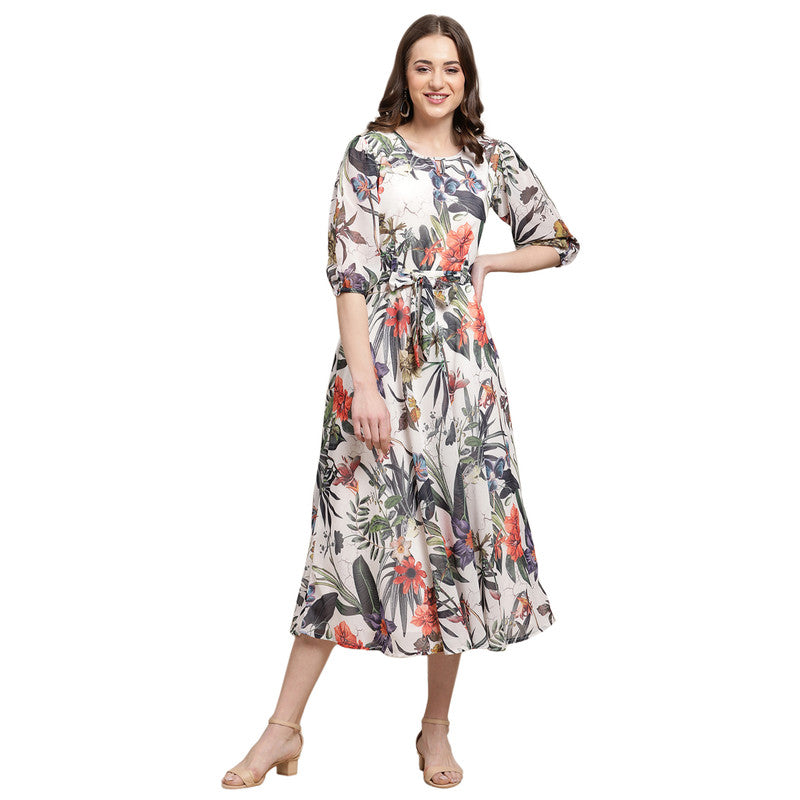Women's Georgette Grey Floral Print A-line Dress _02