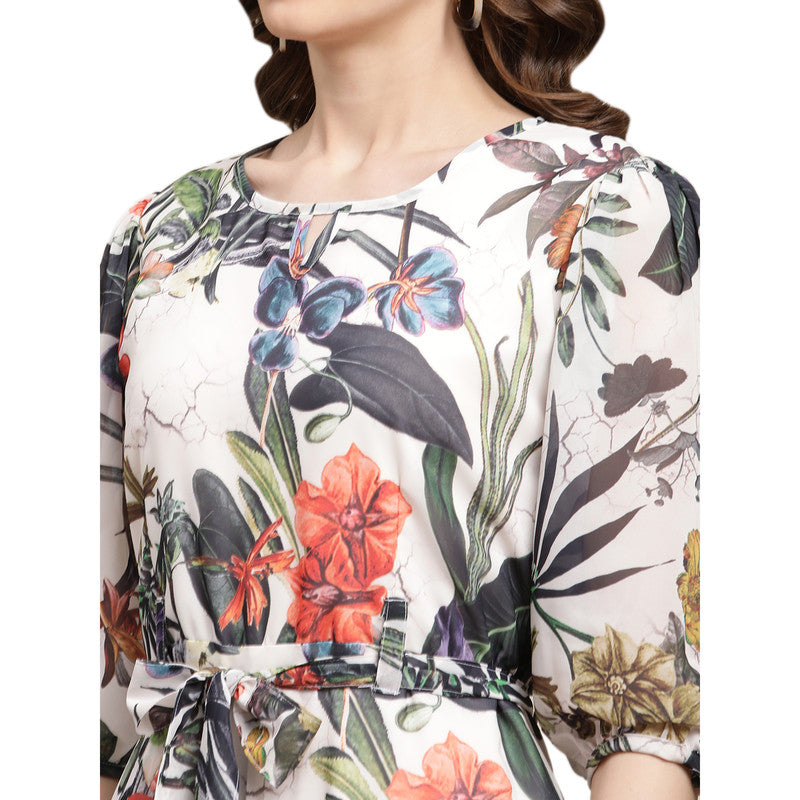 Women's Georgette Grey Floral Print A-line Dress _02