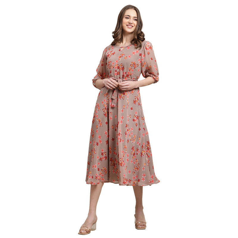 Women's Georgette Brown Floral Print A-line Dress _03