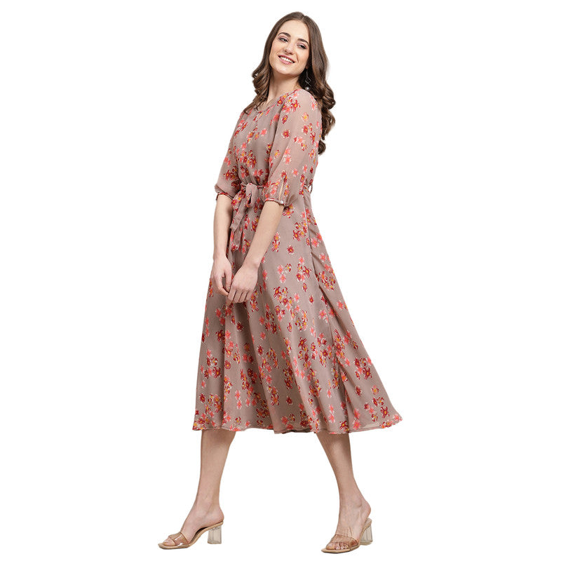 Women's Georgette Brown Floral Print A-line Dress _03