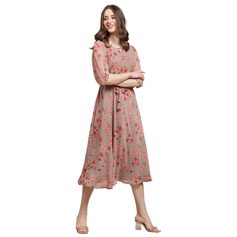 Women's Georgette Brown Floral Print A-line Dress _03