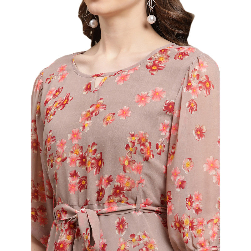 Women's Georgette Brown Floral Print A-line Dress _03