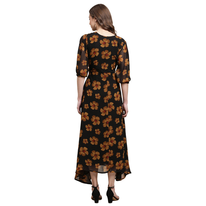 Women's Georgette Black Floral Print A-line Dress _04