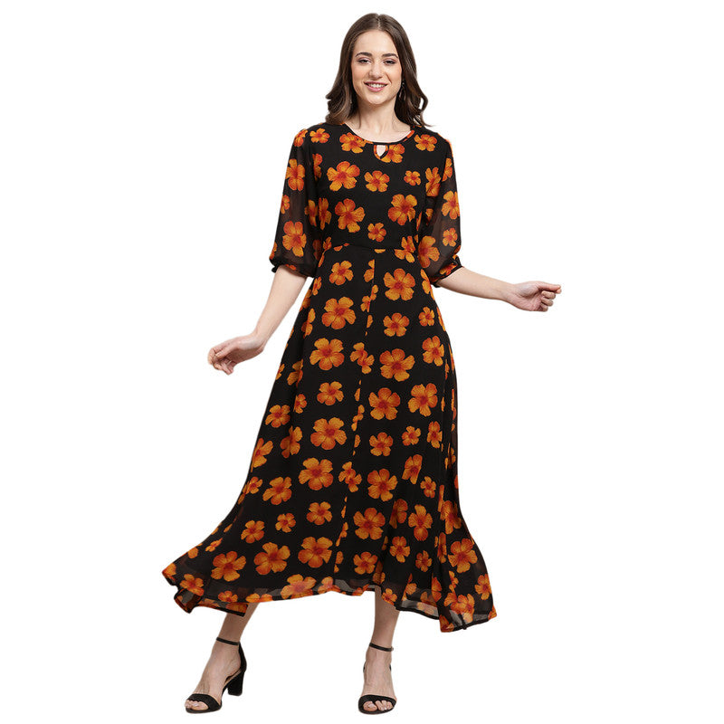 Women's Georgette Black Floral Print A-line Dress _05