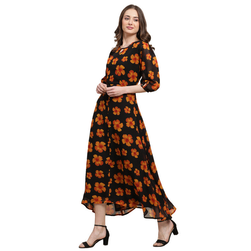 Women's Georgette Black Floral Print A-line Dress _05