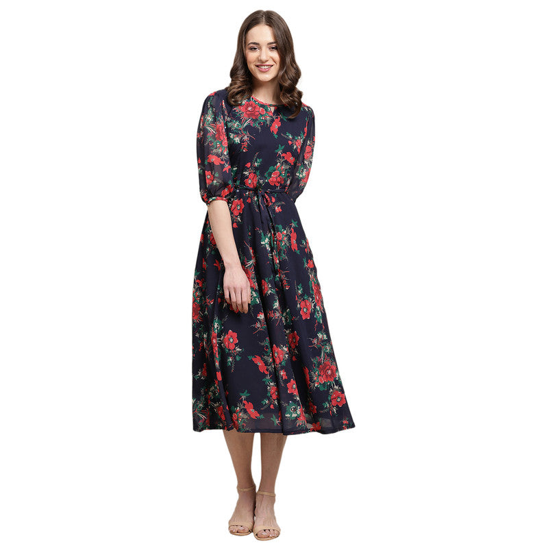 Women's Georgette Navy Blue Floral Print A-line Dress _07