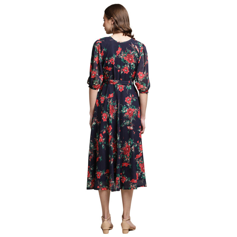 Women's Georgette Navy Blue Floral Print A-line Dress _07