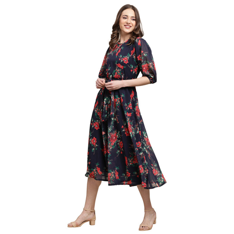 Women's Georgette Navy Blue Floral Print A-line Dress _07