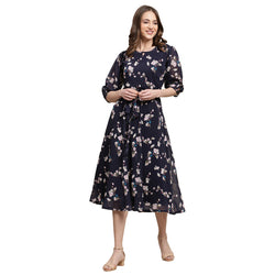 Women's Georgette Navy Blue Floral Print A-line Dress _08