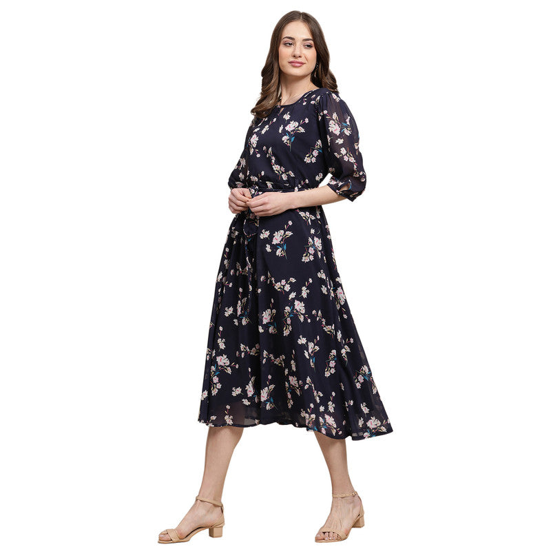 Women's Georgette Navy Blue Floral Print A-line Dress _08