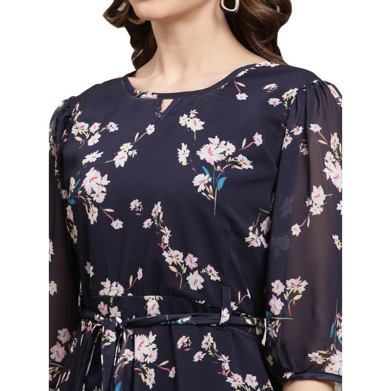 Women's Georgette Navy Blue Floral Print A-line Dress _08