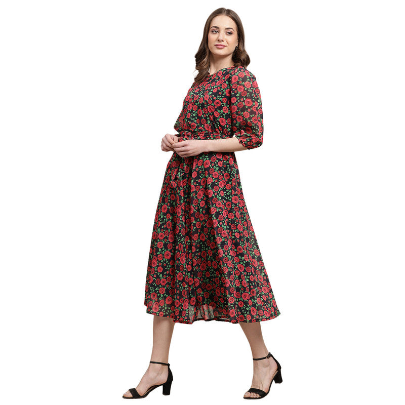 Women's Georgette Red Floral Print A-line Dress _09