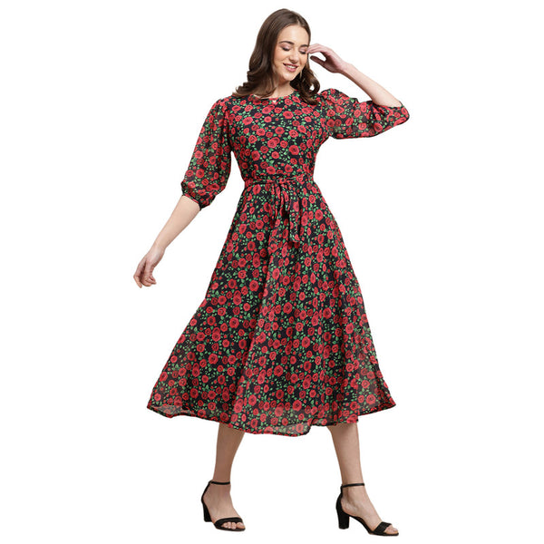 Women's Georgette Red Floral Print A-line Dress _09