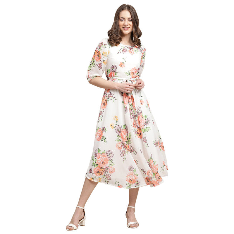 Women's Georgette Cream Floral Print A-line Dress _11