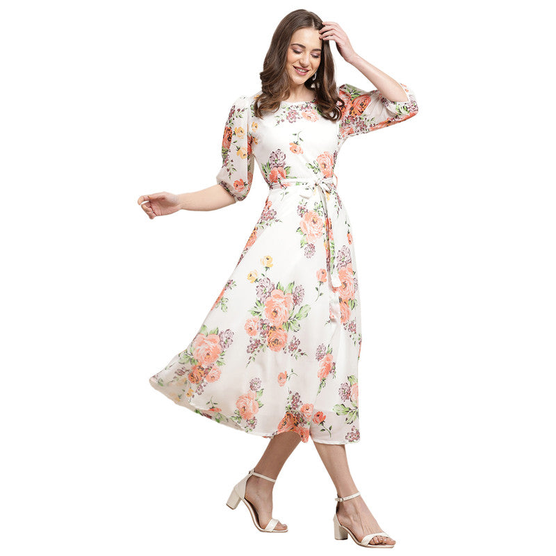 Women's Georgette Cream Floral Print A-line Dress _11