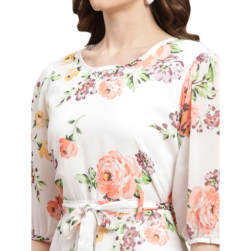 Women's Georgette Cream Floral Print A-line Dress _11