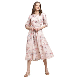 Women's Georgette Peach Floral Print A-line Dress _12