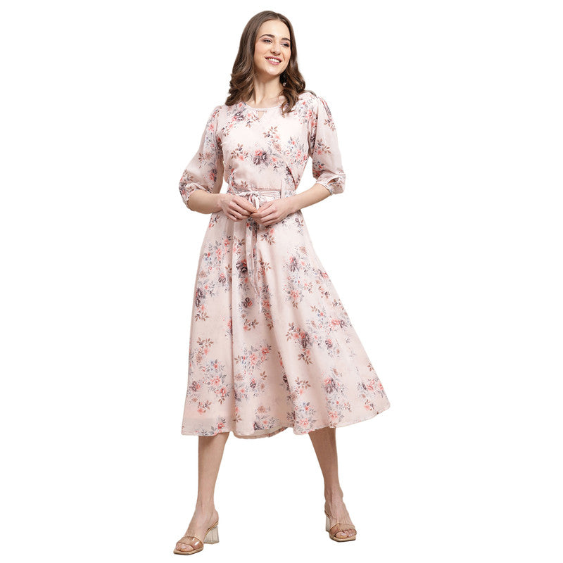 Women's Georgette Peach Floral Print A-line Dress _12