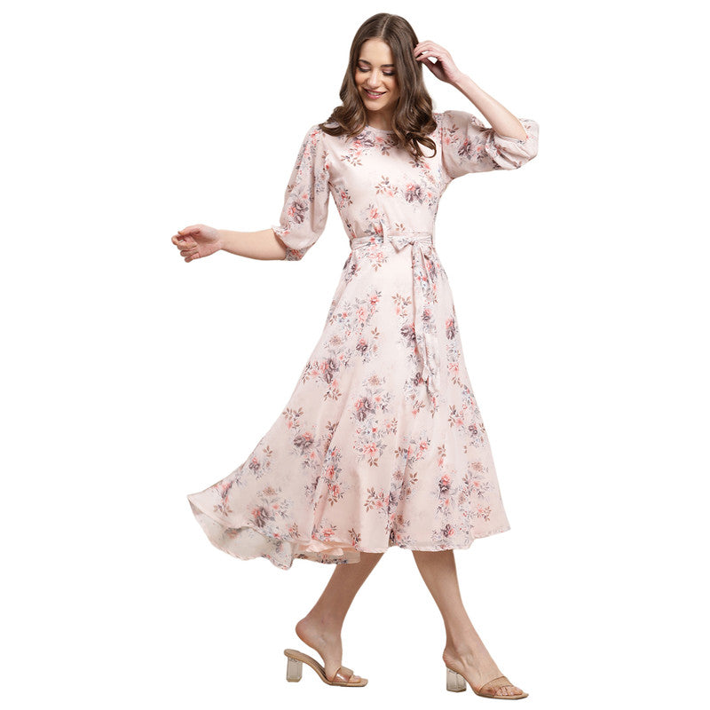 Women's Georgette Peach Floral Print A-line Dress _12