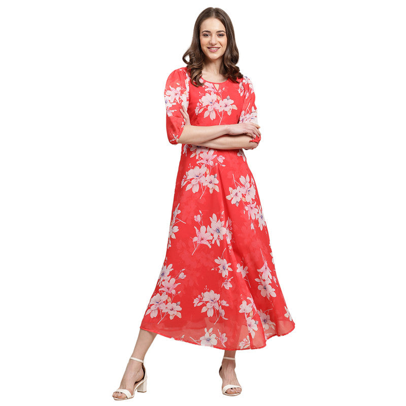 Women's Georgette Red Floral Print A-line Dress _13