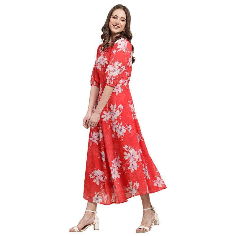 Women's Georgette Red Floral Print A-line Dress _13