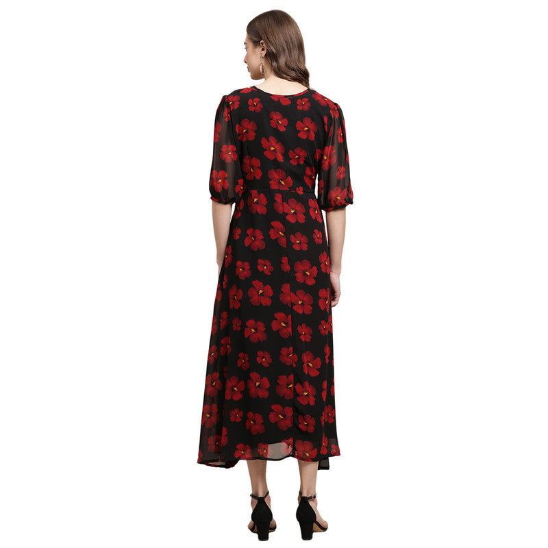 Women's Georgette Black Floral Print A-line Dress _14