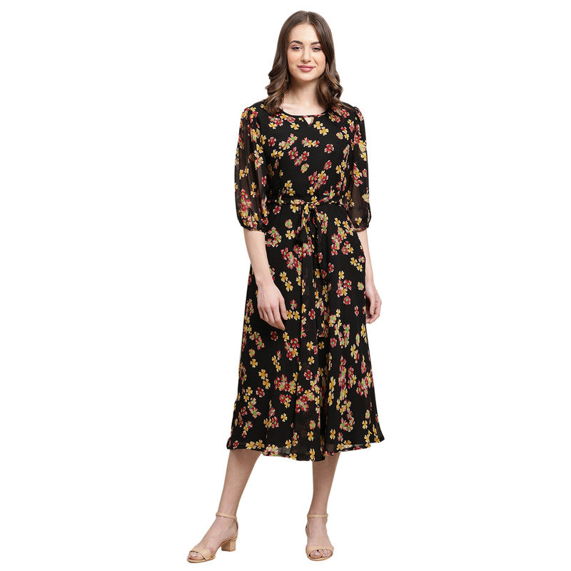 Women's Georgette Black Floral Print A-line Dress _16