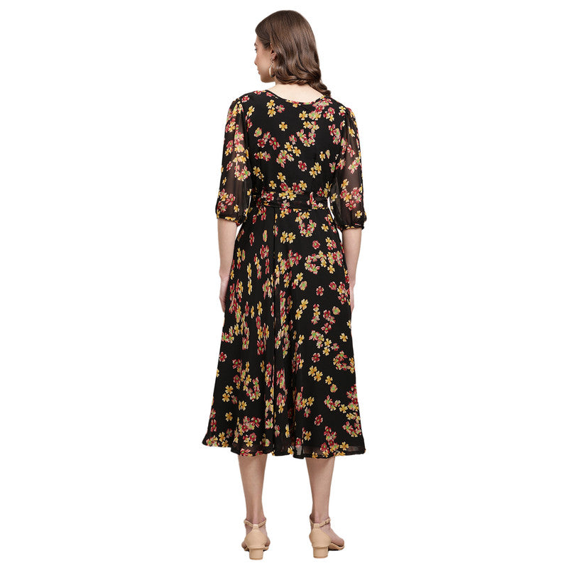 Women's Georgette Black Floral Print A-line Dress _16