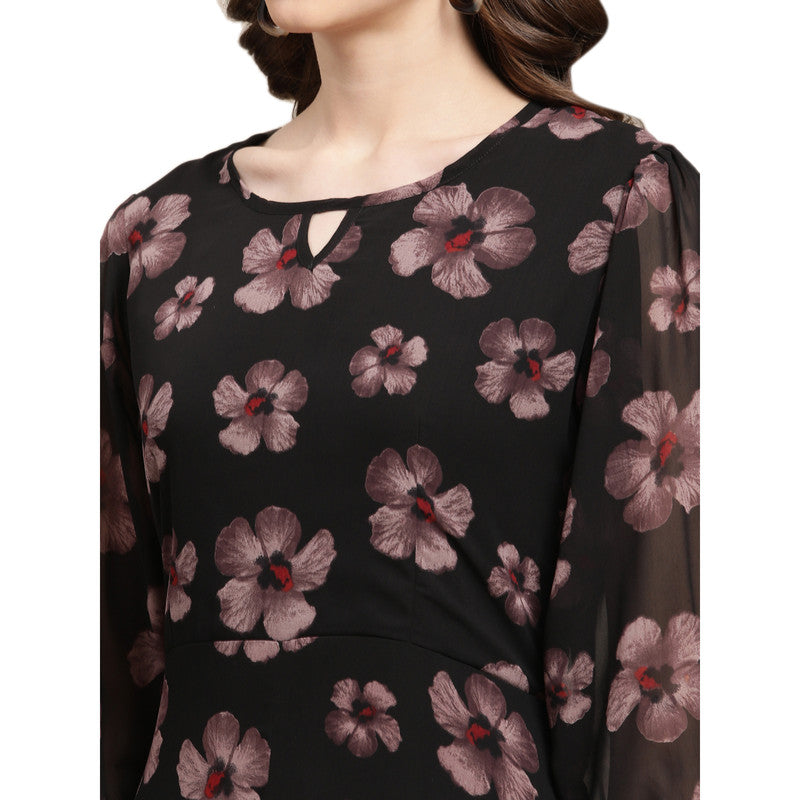 Women's Georgette Black Floral Print A-line Dress _17