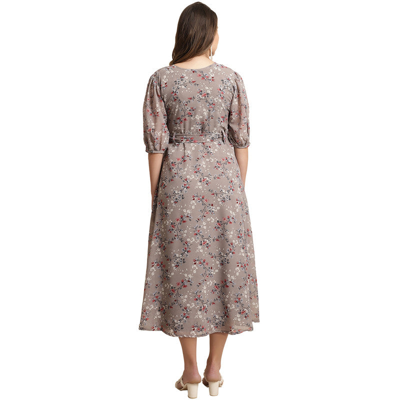 Women's Georgette Grey Floral Print A-line Dress _19