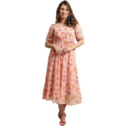 Women's Georgette Pink Floral Print A-line Dress _20