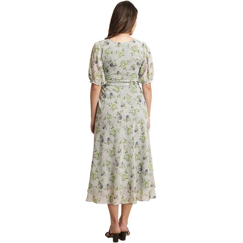 Women's Georgette Grey Floral Print A-line Dress _22