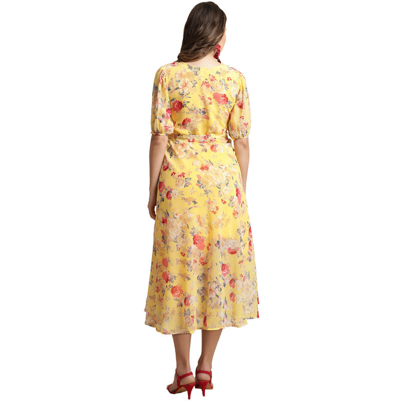 Women's Georgette Yellow Floral Print A-line Dress _25