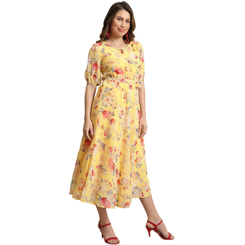 Women's Georgette Yellow Floral Print A-line Dress _25