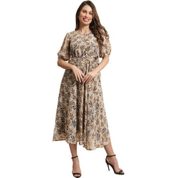 Women's Georgette Brown Floral Print A-line Dress _27