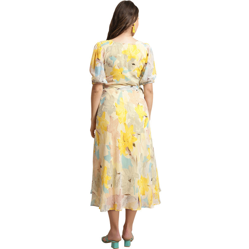 Women's Georgette Grey Floral Print A-line Dress _28
