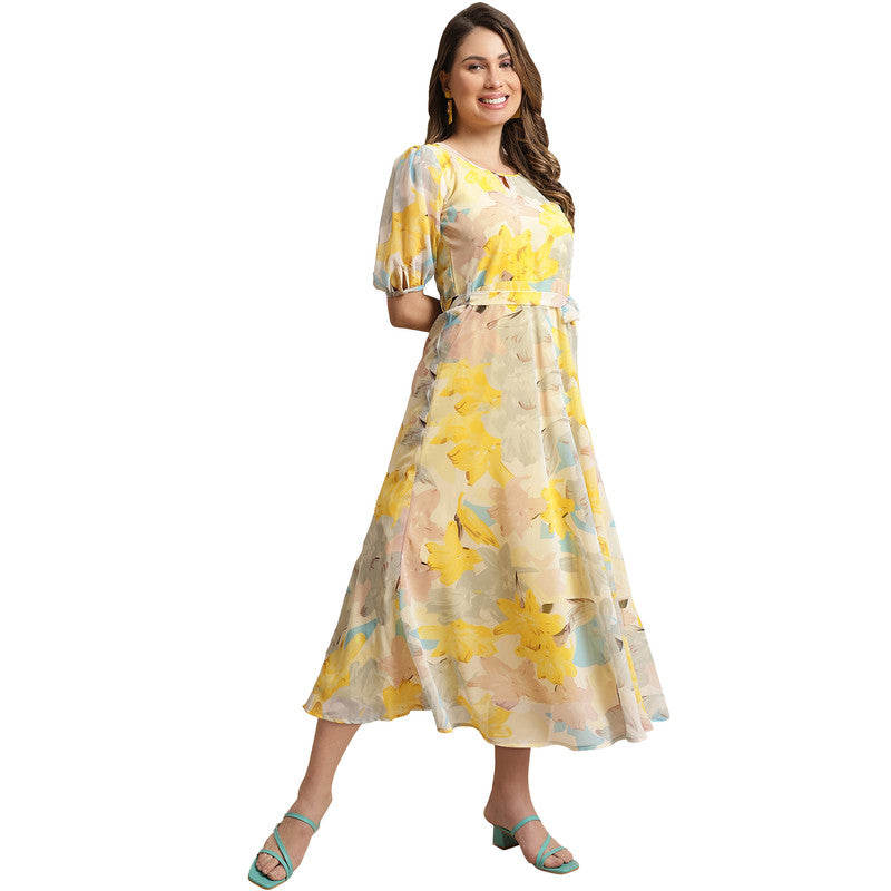 Women's Georgette Grey Floral Print A-line Dress _28