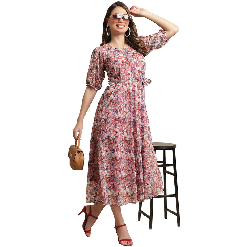 Women's Georgette Brown Floral Print A-line Dress _29