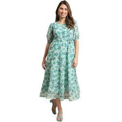 Women's Georgette Blue Floral Print A-line Dress _30