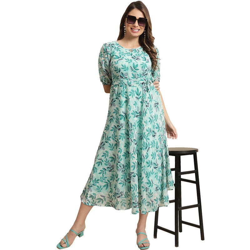 Women's Georgette Blue Floral Print A-line Dress _30